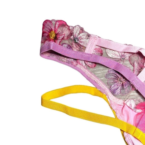 For Love & Lemons Floral Pink/Purple Satin Thong Panties US XXS - Picture 10 of 10